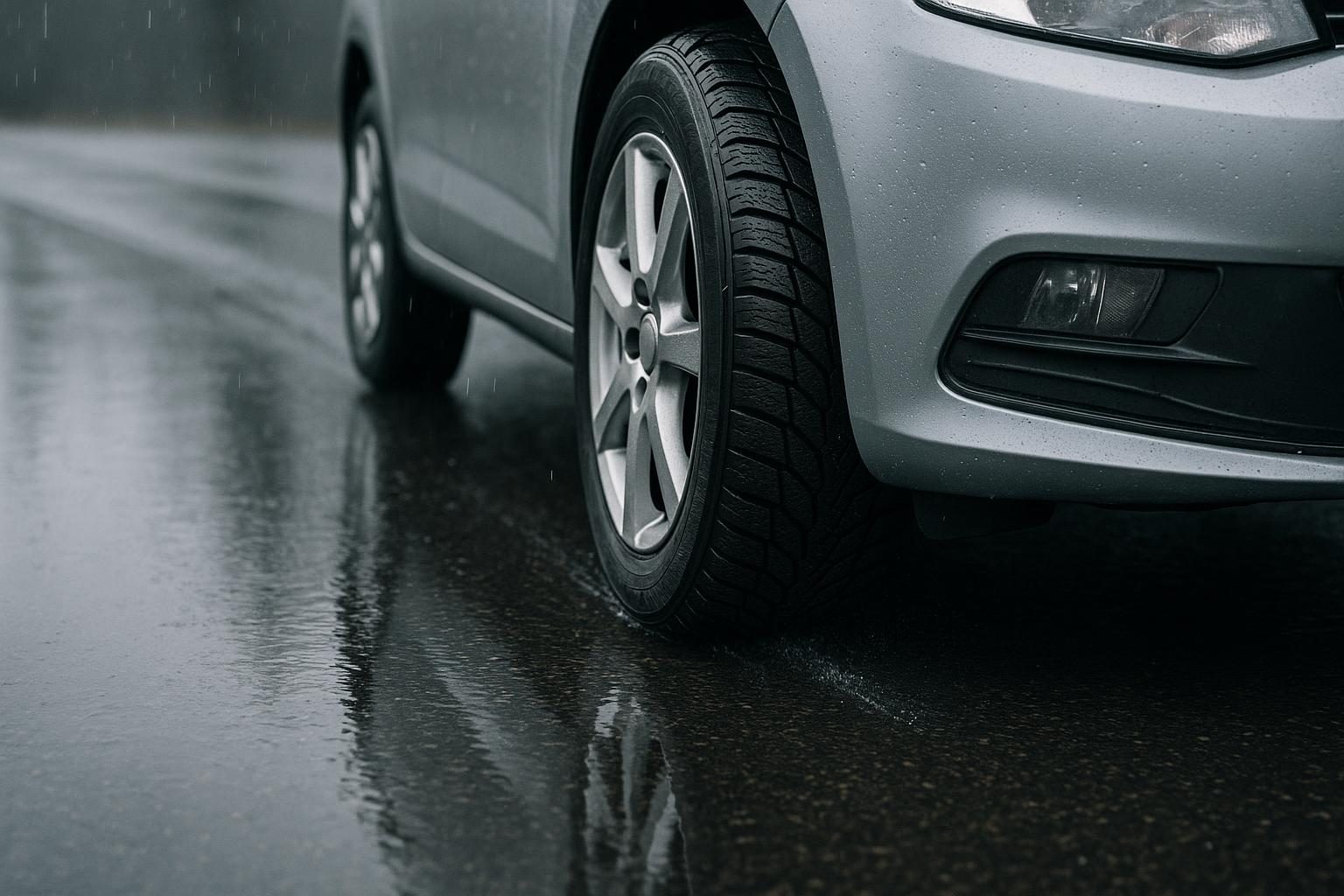 Winterreifen mit feinen Lamellen auf nasser Straße bei Regen (KI-generiert, OpenAI)
