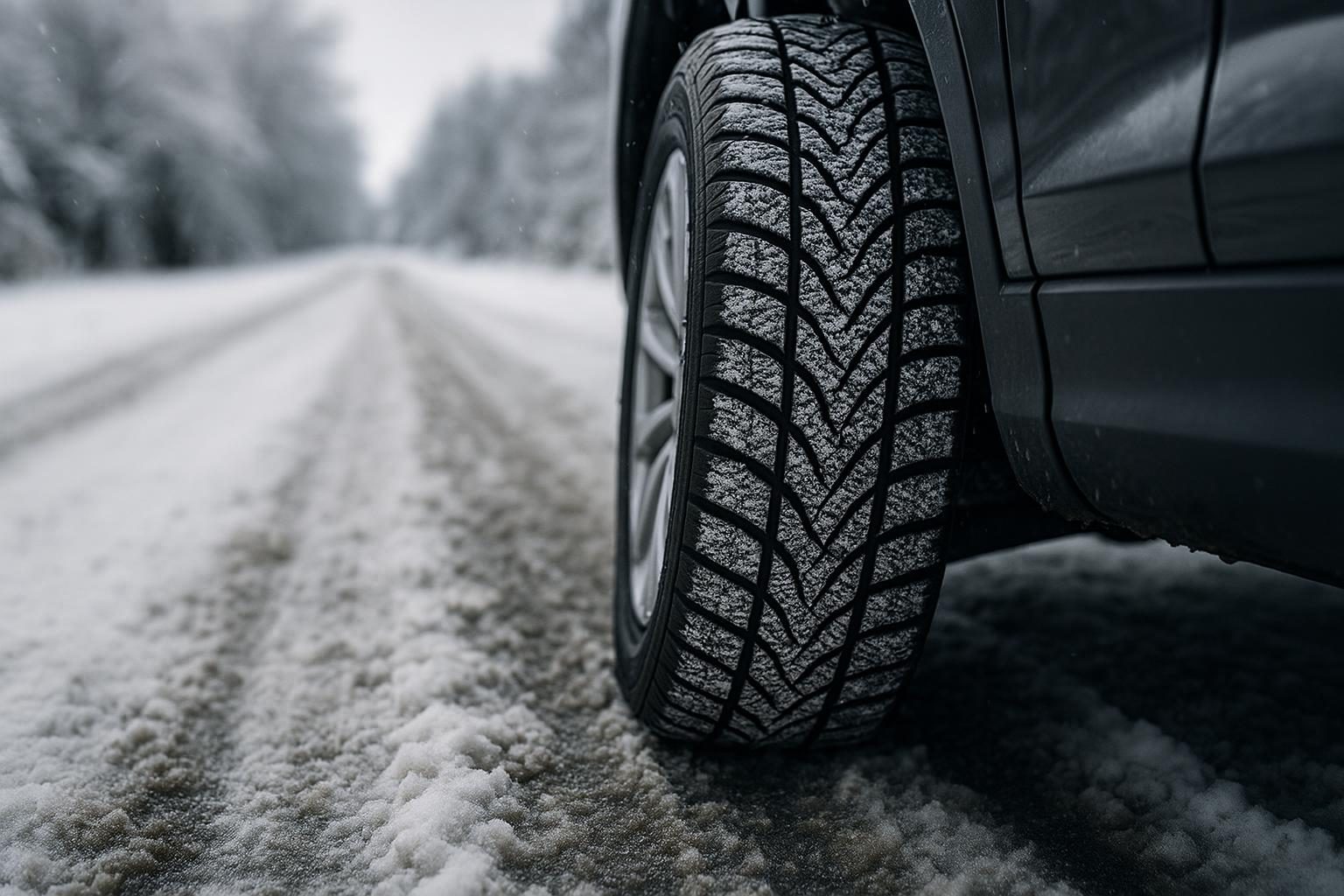 Winterreifen mit tiefem Profil auf schneebedeckter Straße (KI-generiert, OpenAI)