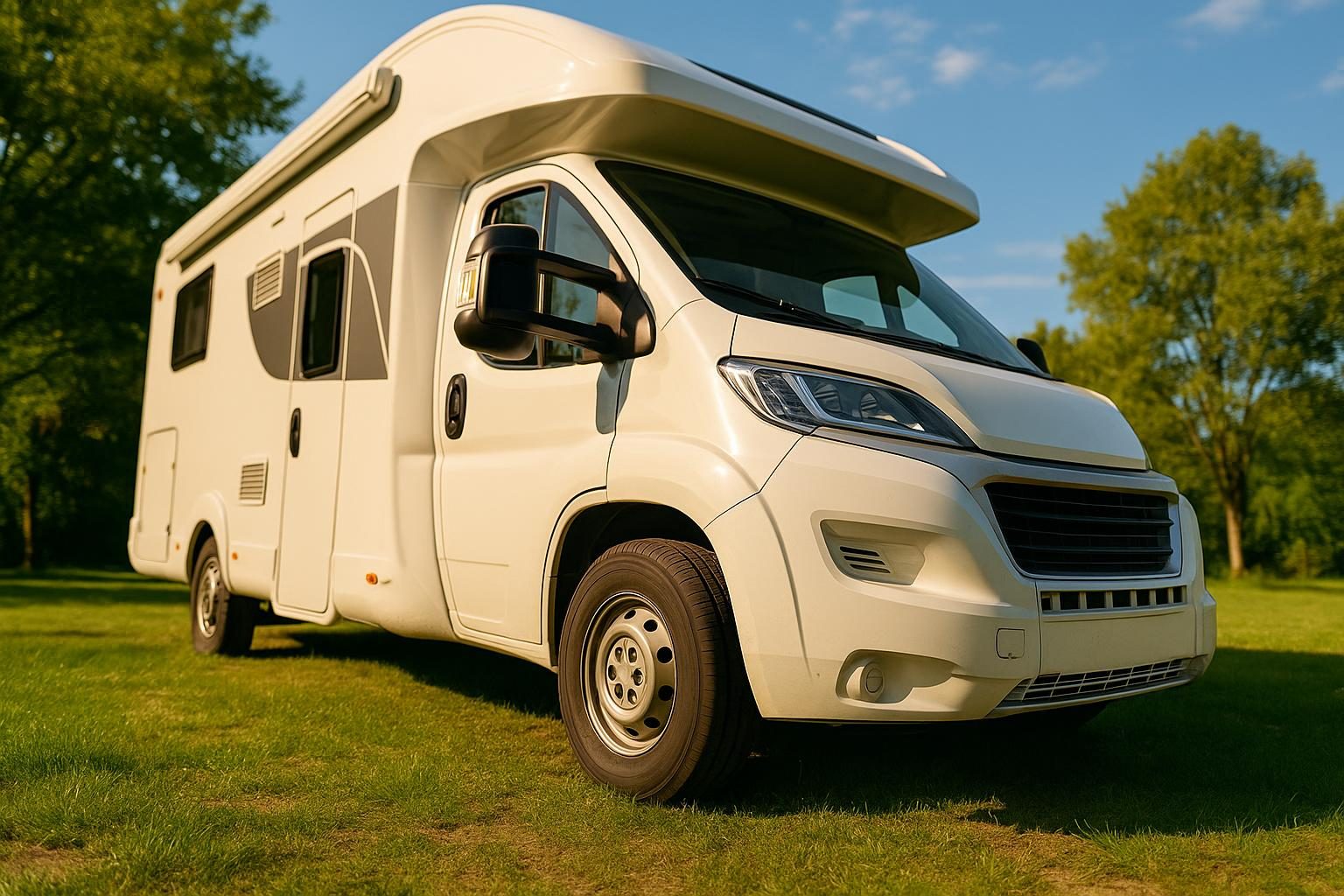Weißes Wohnmobil auf einem Campingplatz, Blick auf Vorderrad und Reifen (KI-generiert, OpenAI)