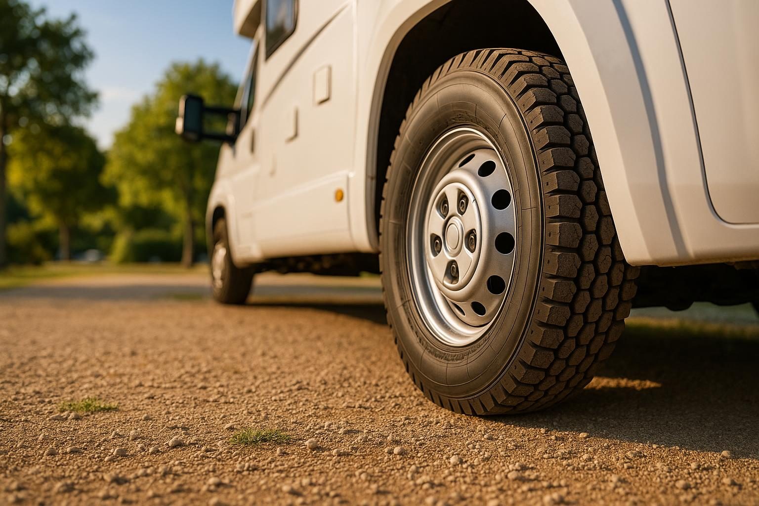 Heckansicht eines weißen Wohnmobils mit robustem Transporterreifen auf einem Campingplatz im Sommer (KI-generiert, OpenAI)